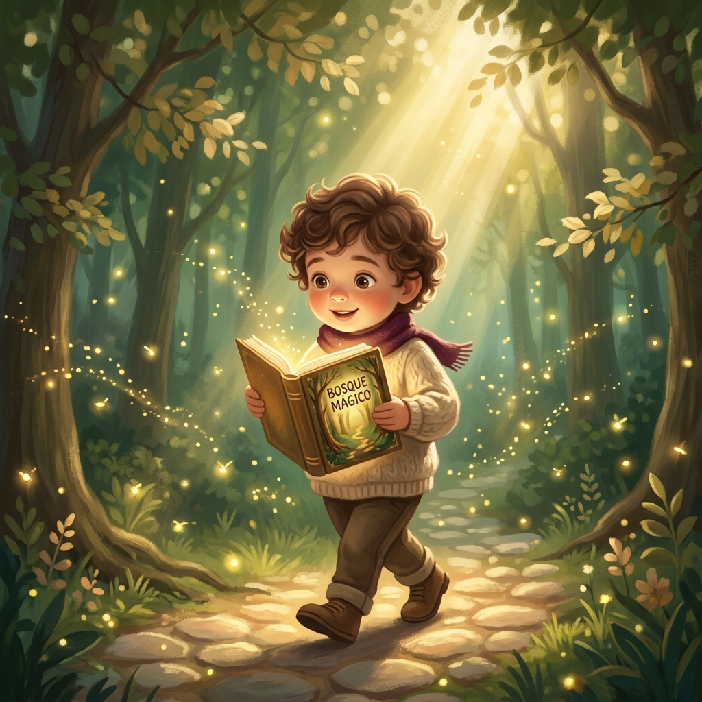 Ni├▒o en Bosque M├ígico con libro personalizado iluminado ÔÇ