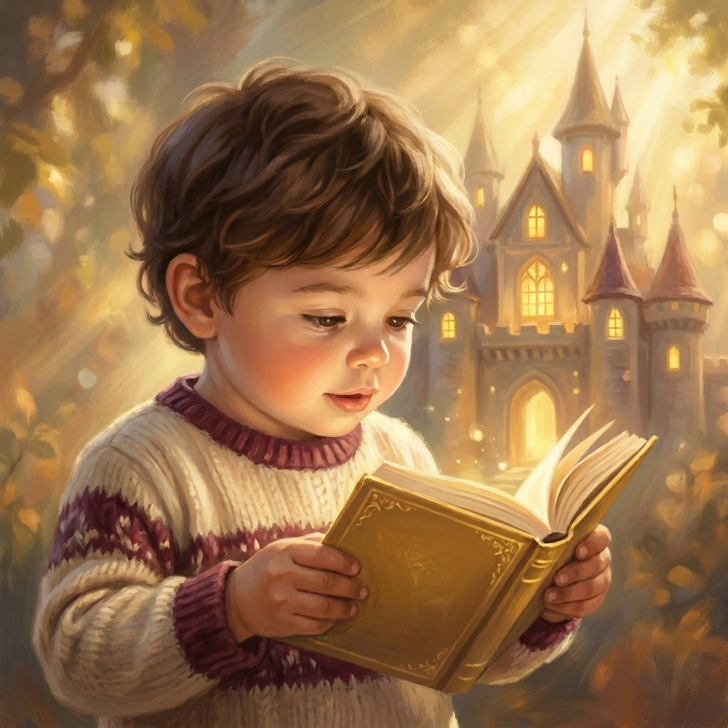 Ni├▒o ante castillo de cuento con libro personalizado ÔÇ