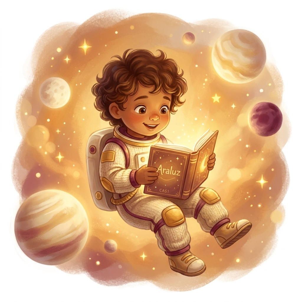 Ni├▒o astronauta ilustrado en tema Espacio con libro personalizado ÔÇ