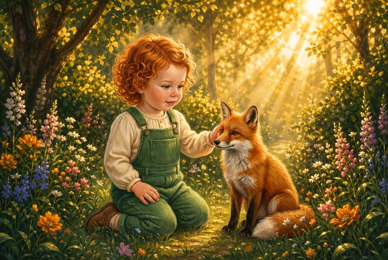 Ilustración Araluz estilo Luz — niño protagonista en un bosque mágico dorado