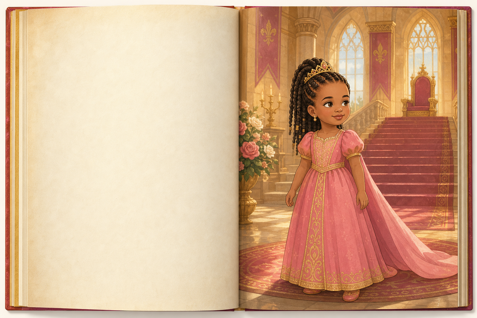 Paso 3: doble página de cuento personalizado con la niña héroe en un castillo de hadas