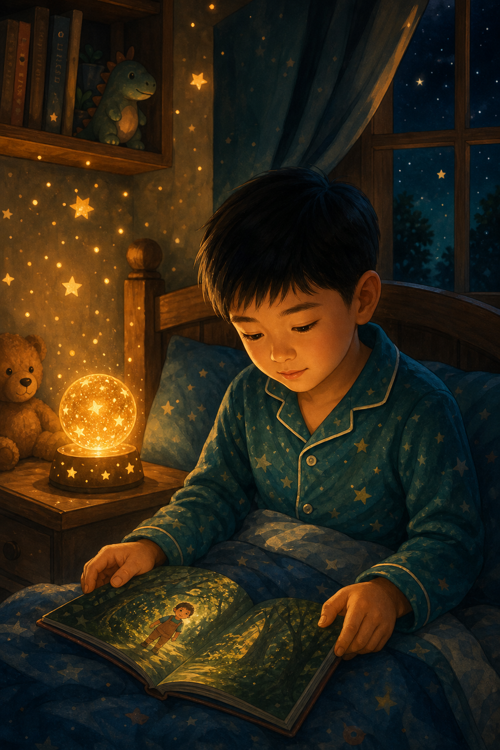 Luca, 7 años, leyendo su cuento personalizado antes de dormir