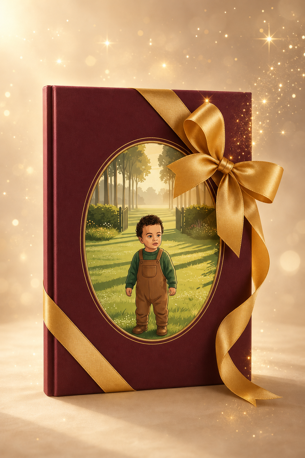 Libro Araluz personalizado envuelto como regalo con lazo dorado