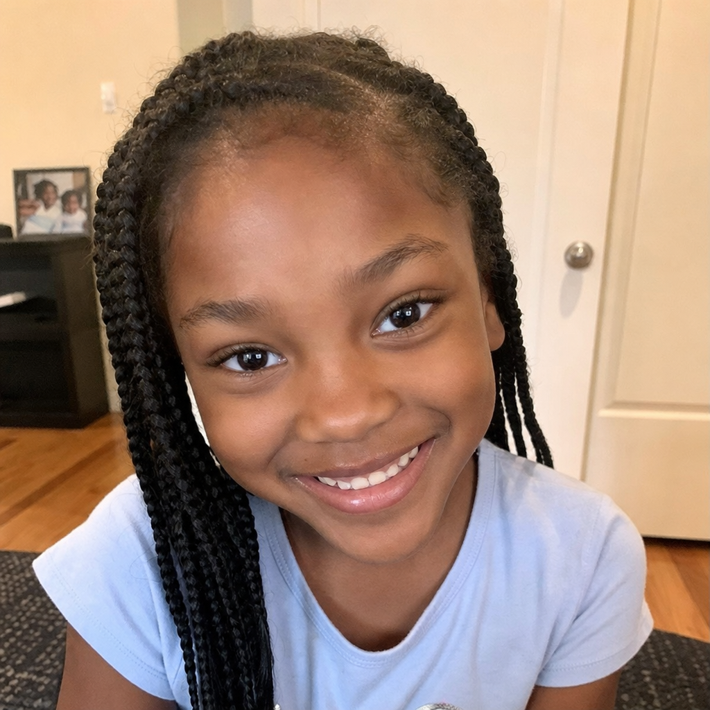 Foto real de Amara, 7 años, enviada por su familia — regalo personalizado niños