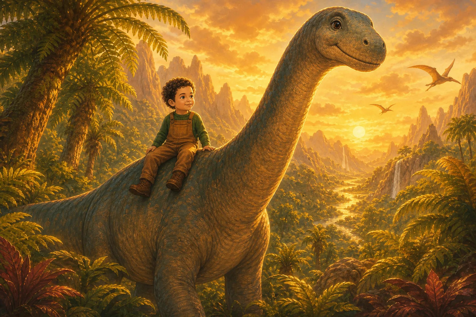 Regalo personalizado niños: Leo, 6 años, con dinosaurios amables en valle dorado — avatar ilustrado desde foto real