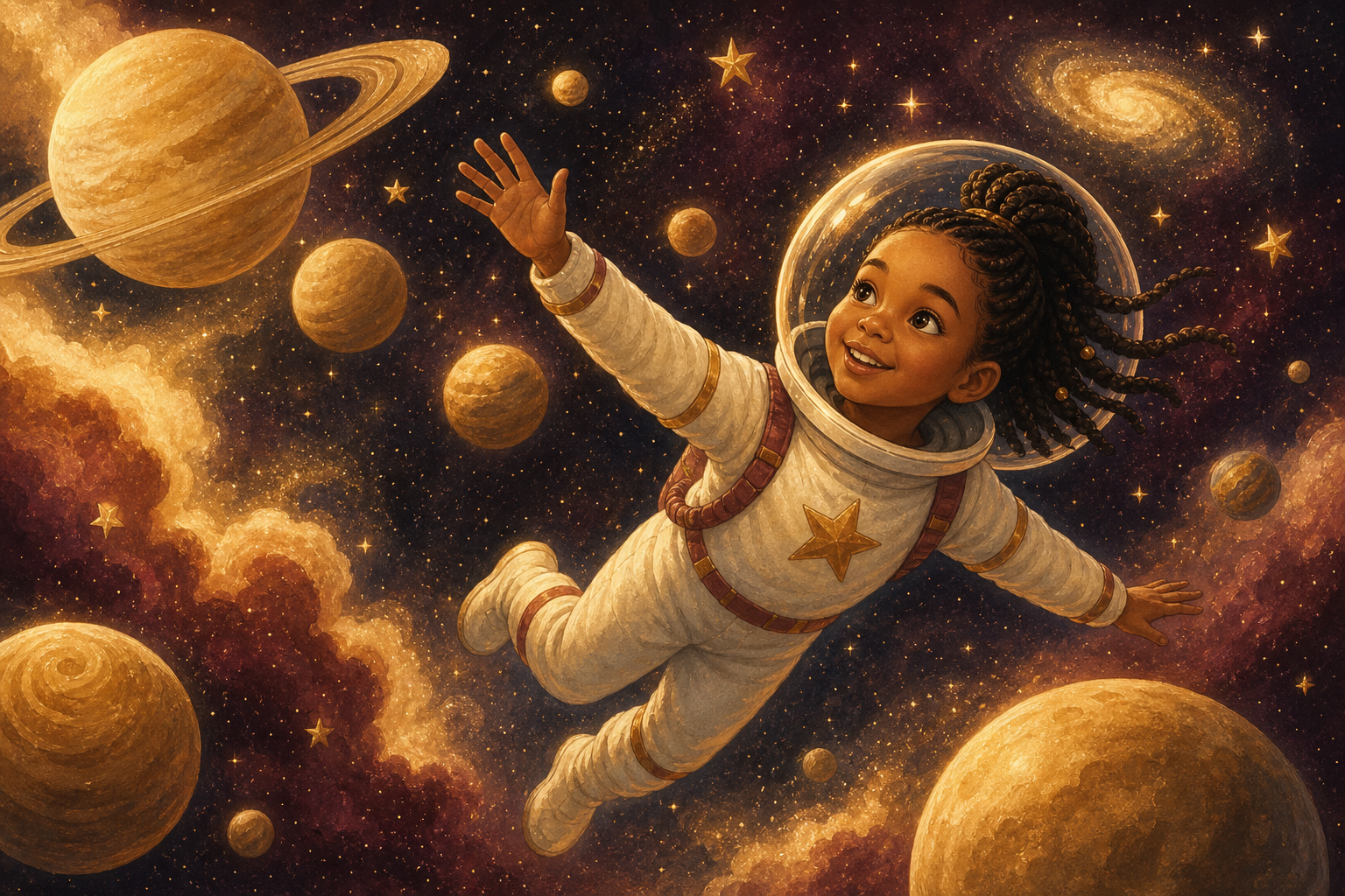 Regalo personalizado niños: Amara, 7 años, astronauta en universo espacial — avatar ilustrado desde foto real
