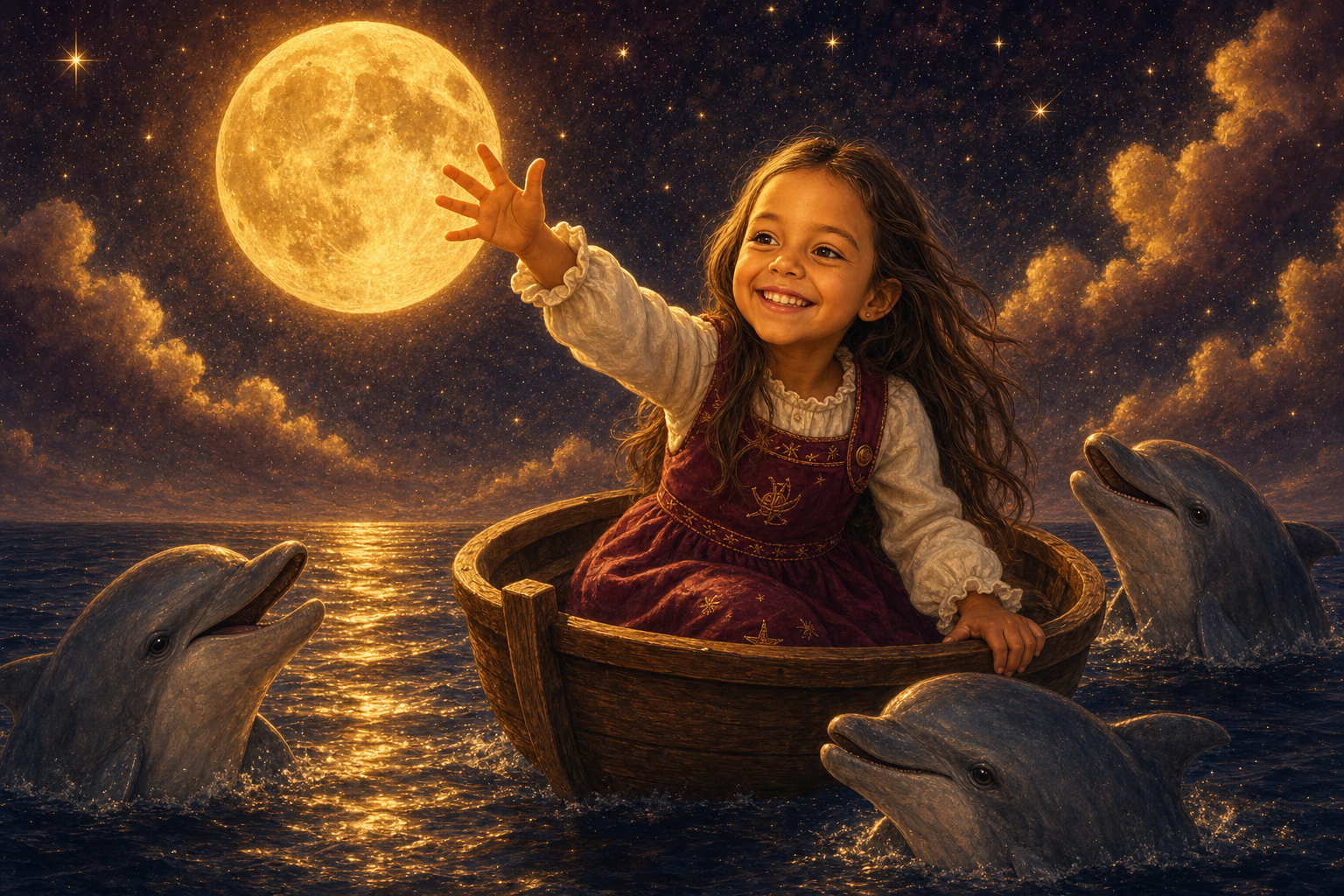 Cuento personalizado infantil: Valentina, 6 años, en barca bajo la luna con delfines — avatar ilustrado niña Araluz
