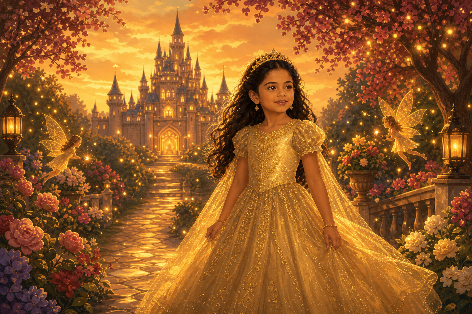 Cuento personalizado infantil: Aisha ante castillo de hadas — avatar ilustrado niña creado por Araluz