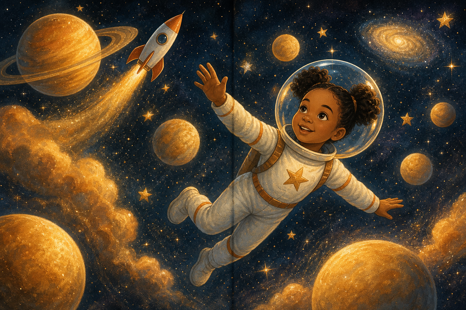 Doble página Espacio: Amara, 7 años, astronauta flotando entre planetas dorados