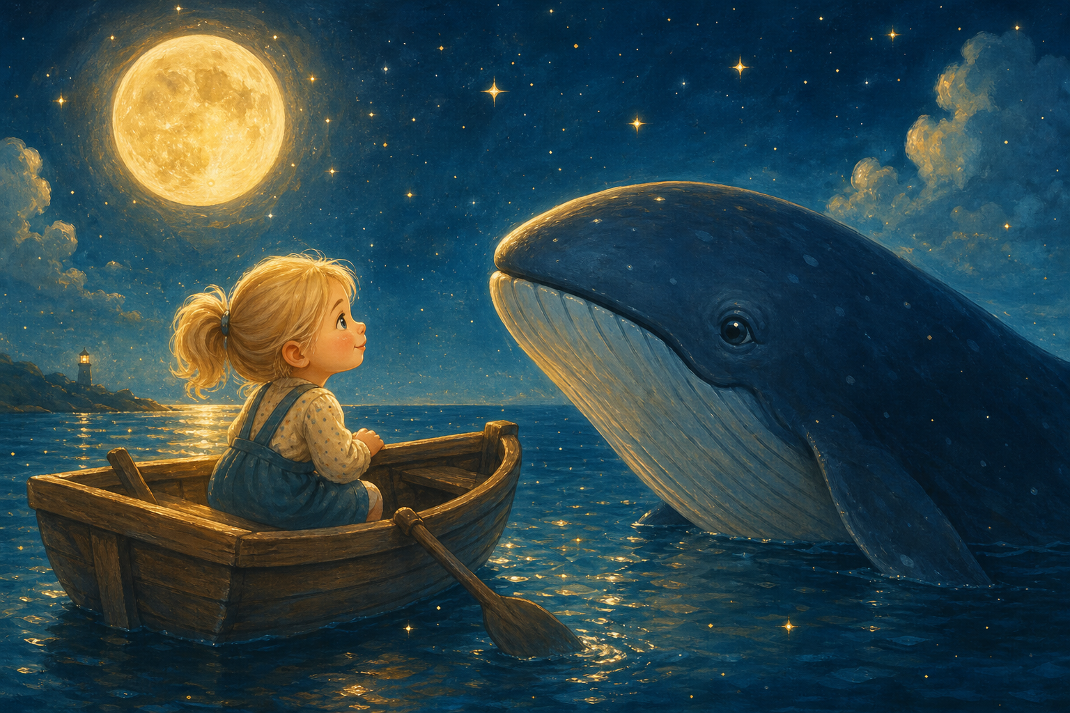 Doble página Mar: Sofía, 4 años, en barca bajo la luna con una ballena amiga