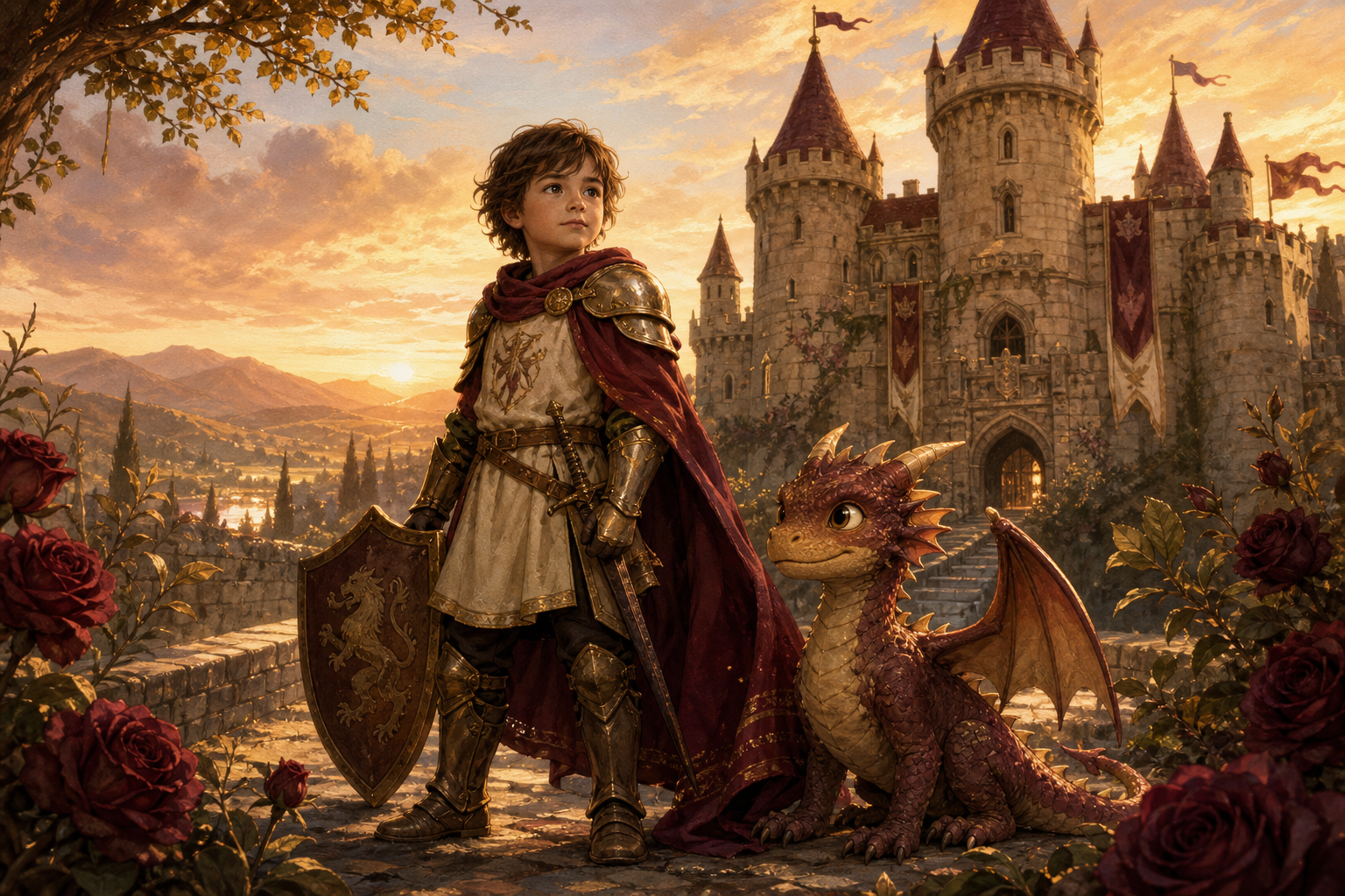 Tema Castillo: niño caballero ante castillo medieval mágico — cuento personalizado Araluz