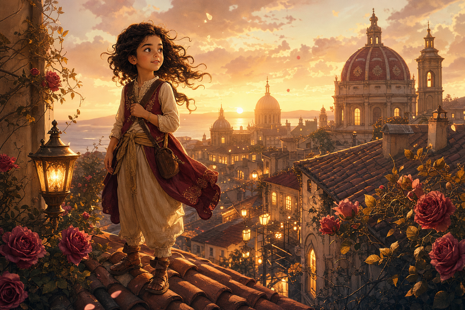 Tema Ciudad: niño héroe en ciudad mágica al atardecer — cuento personalizado Araluz