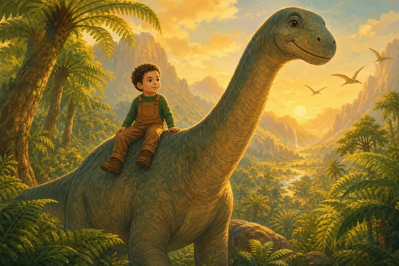 Tema Dinosaurios: niño con brontosaurio amable en valle dorado — cuento personalizado Araluz