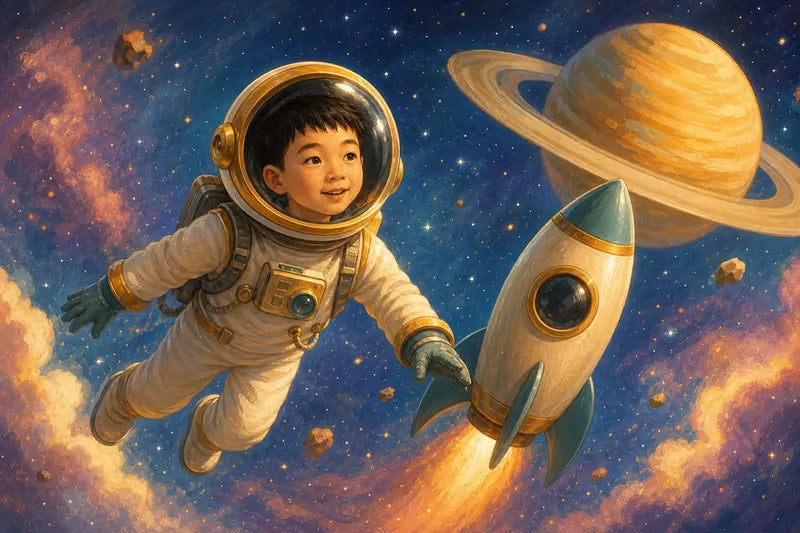 Tema Espacio: niño astronauta entre planetas dorados — cuento personalizado Araluz
