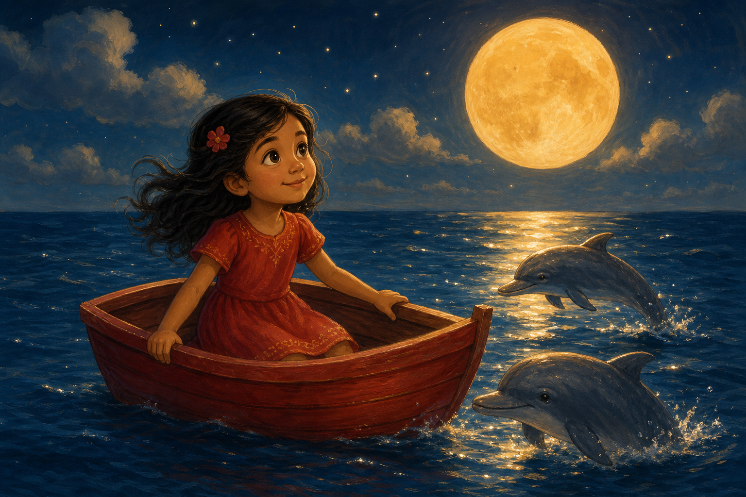 Tema Mar: Valentina, 6 años, en barca bajo la luna con delfines