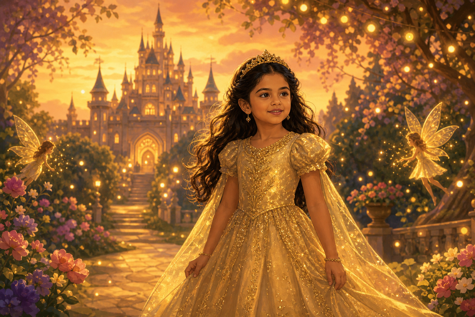 Tema Princesas y Hadas: Aisha, 8 años, ante castillo de cuento al atardecer