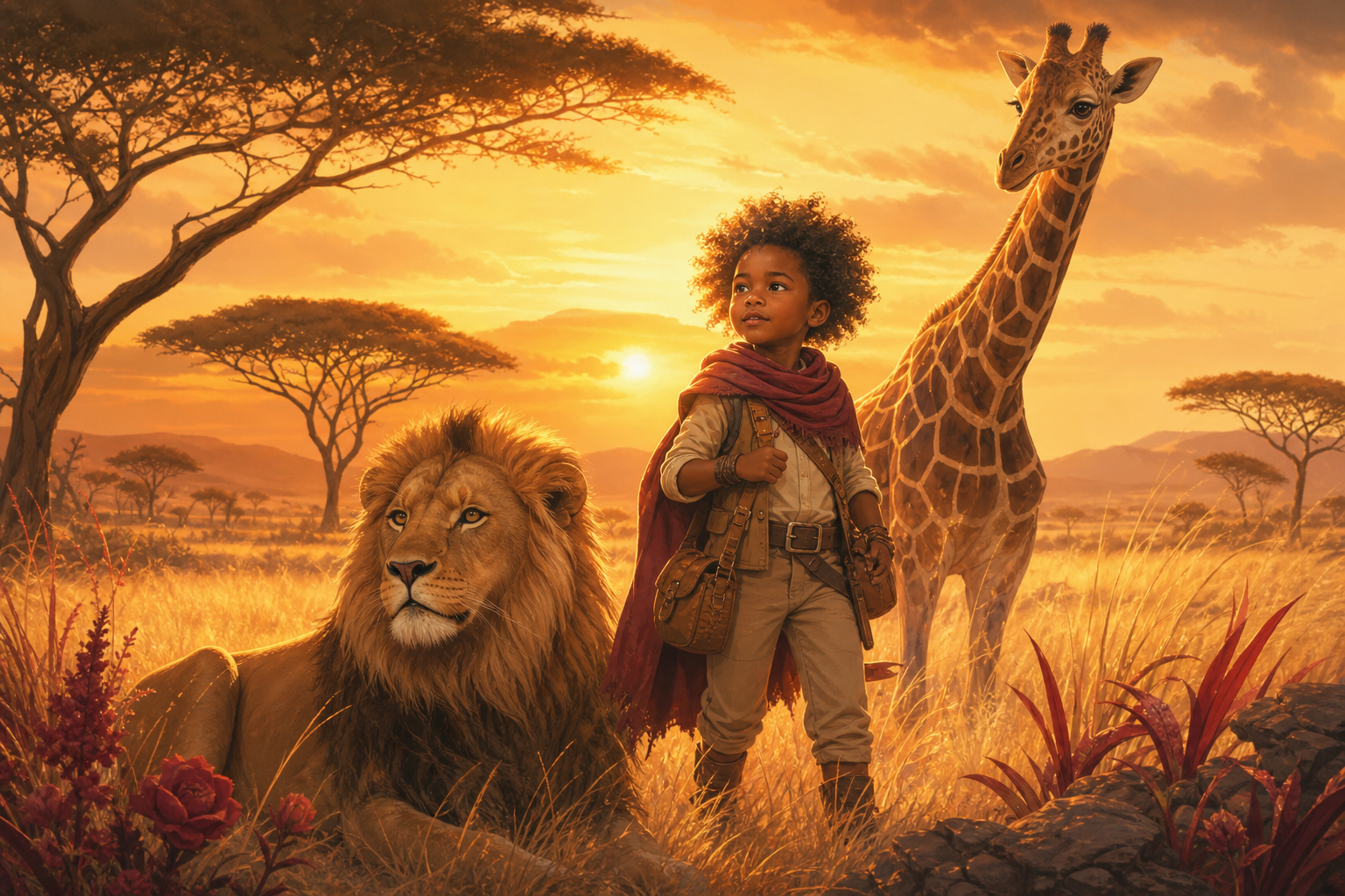 Tema Safari: niña exploradora entre animales de la sabana dorada — cuento personalizado Araluz